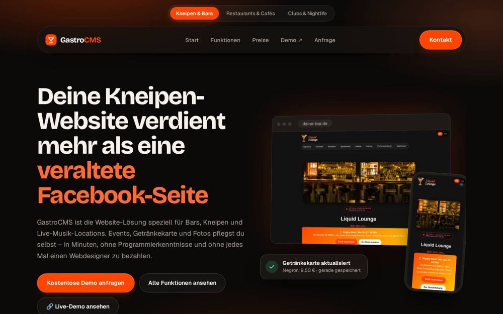 GastroCMS: Startseite einer Bar-Website